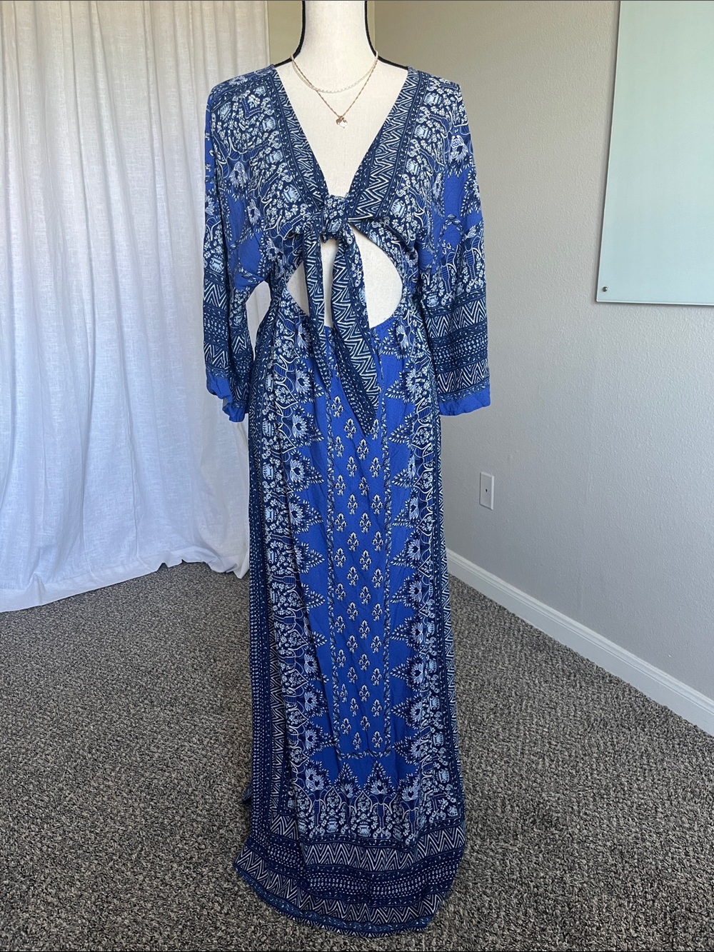 Anthropologie Blue Printed Tie Front Maxi Dress Boho Kimono Sleeve Side Slit S